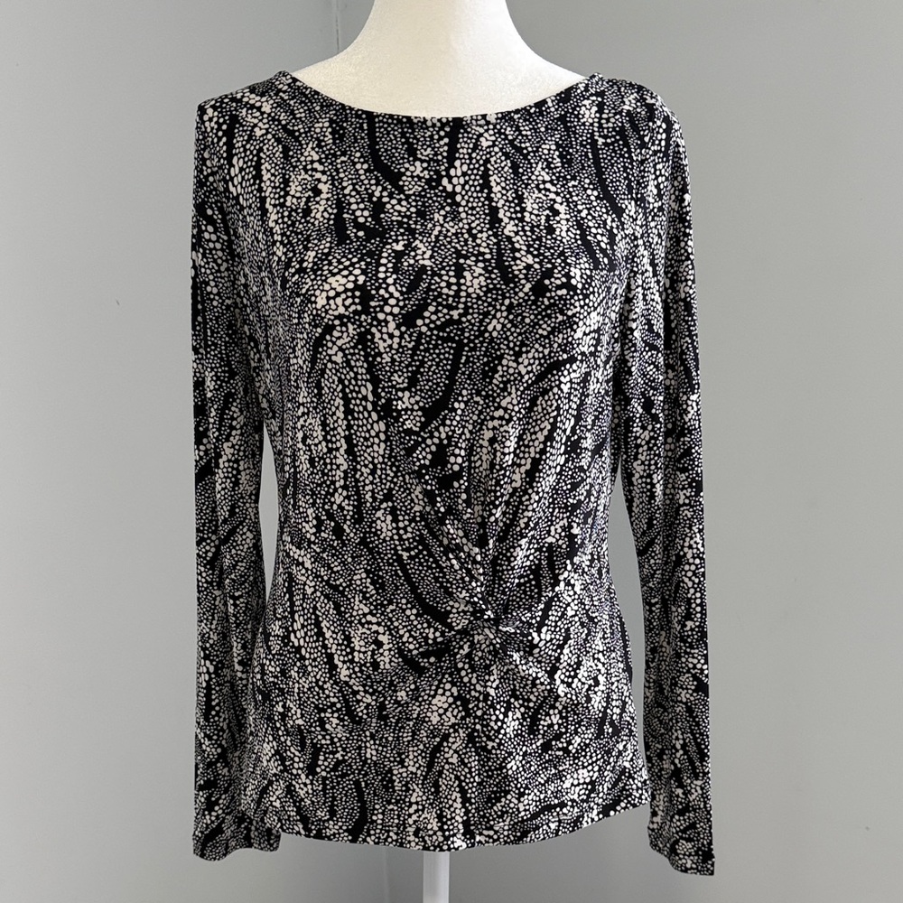 Tahari Black and White Printed Long Sleeve Top SZS